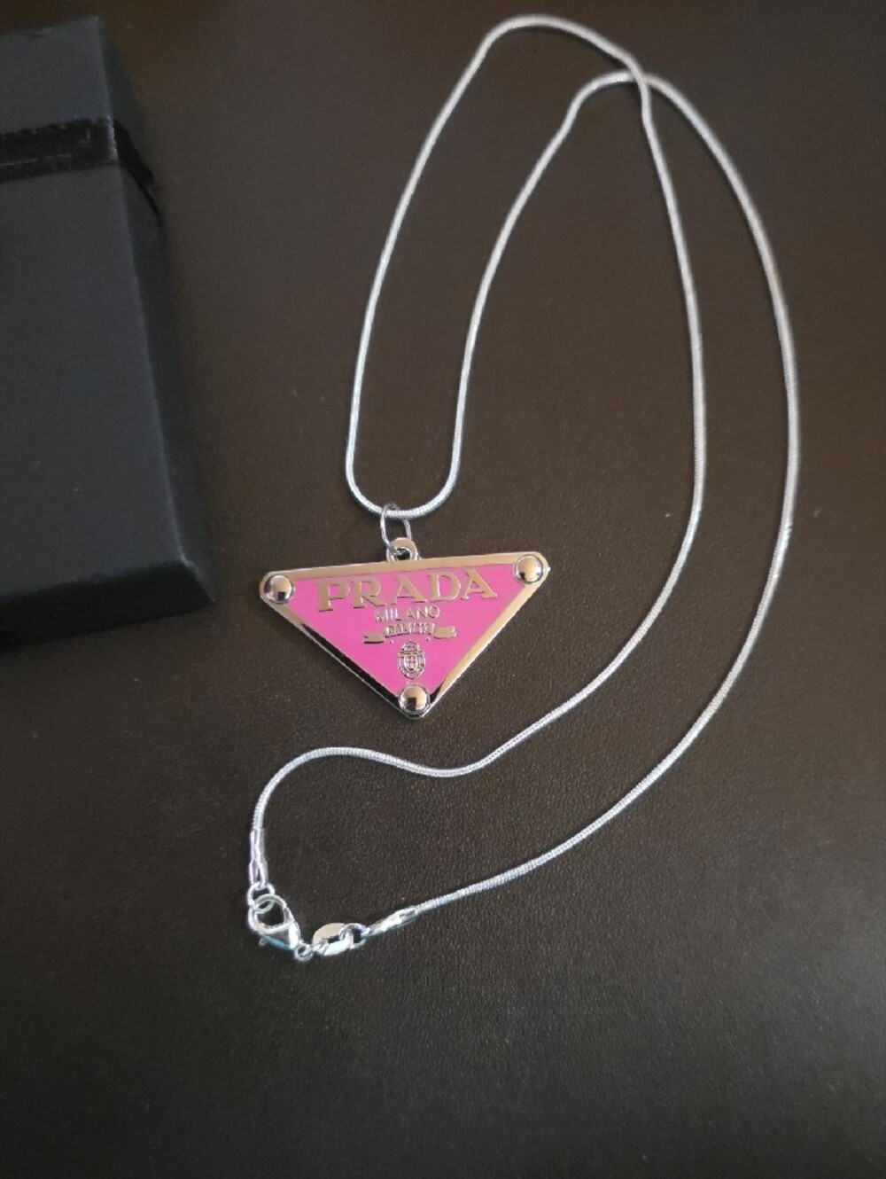Prada Pink Triangle Logo Pendant Upcycled W/ Silver Snake Chain